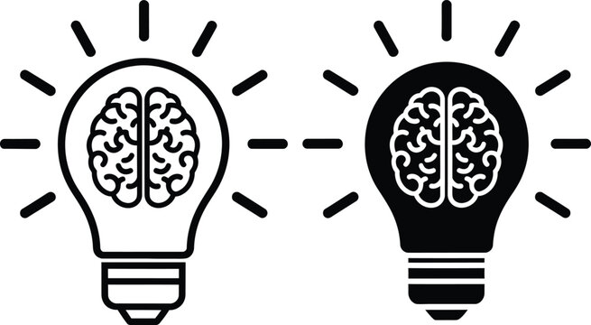 Brainstorming concept lightbulb with human brain illustration positive and negative
