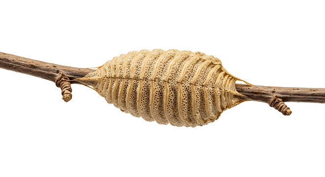Textured praying mantis ootheca, an insect egg sac, firmly attached to an isolated twig on white background