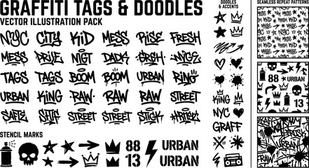 Graffiti tags and doodles vector illustration pack with urban street art elements and seamless repeat patterns © Badhon