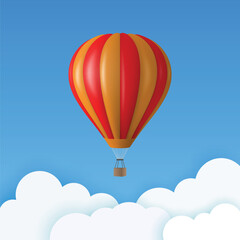 Obraz premium Vector Travel Banner with 3d Realistic Red and Orange Hot Air Balloon Icon on a Blue Sky Background. Design Template, Summer Vacation, Travelling, Tourism and Journey Concept