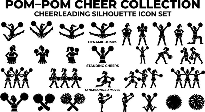 Cheerleading pom pom cheerleaders in various poses and movements  dynamic jumps standing cheers synchronized moves