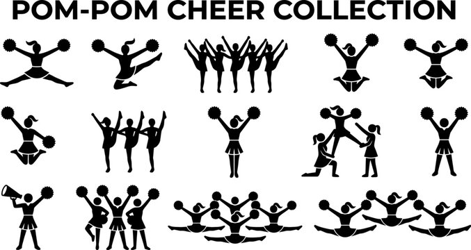 Collection of cheerleaders in various poses with pom poms performing cheerleading routines