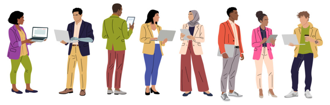 Diverse group of professionals uses laptops together. Each person wears colorful, modern attire. They stand relaxed, focused on devices. Image conveys teamwork and digital collaboration