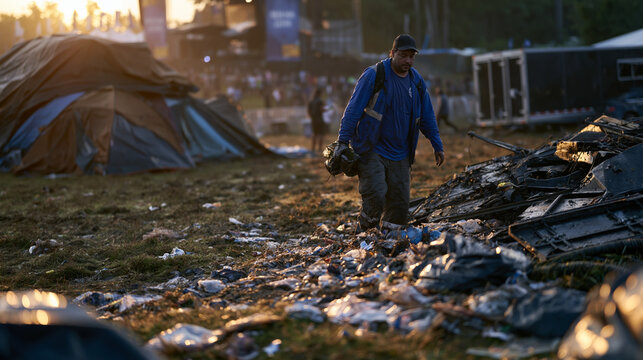 Aftermath of a summer outdoor festival, grounds crew collecting recyclables across a trampled grass field at sunrise, folded tents stacked near a venue trailer, dew glistening on the abandoned stage