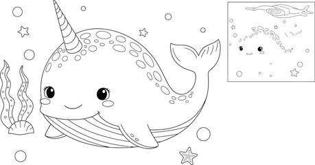 Cute narwhal whale coloring page vector illustration with underwater ocean stars bubbles and seaweed cartoon designCute narwhal whale coloring page vector illustration with underwater ocean stars bubb © MdAnowar