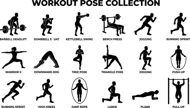 Collection of workout poses for fitness and exercise illustration