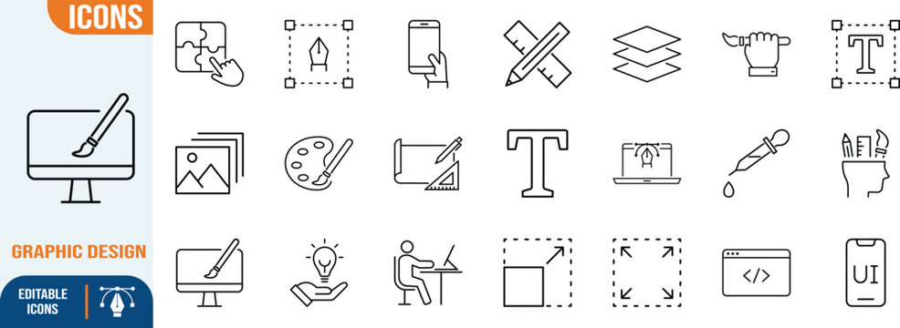 Graphic design creative tools line icons. pen tool icon set, palette icon set, text tool icon set