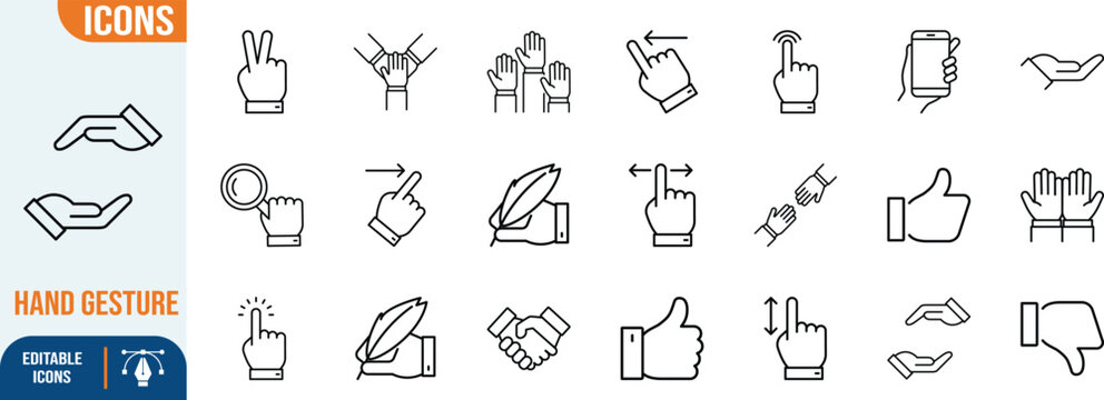 Hand gestures and touch interaction icons. phone icon set, feather icon set, magnifier icon set