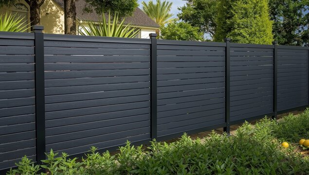 Metal-framed horizontal PVC slat barrier