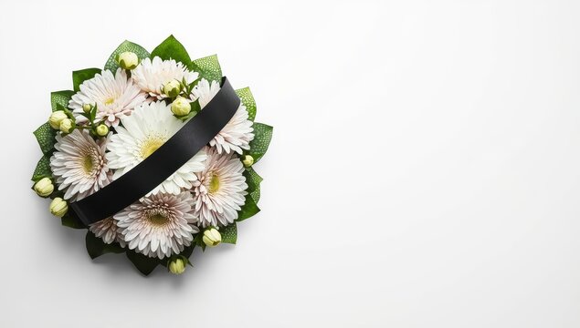 Elegant chrysanthemums and dark ribbon on a light backdrop, overhead with room for text. Mourning emblems.