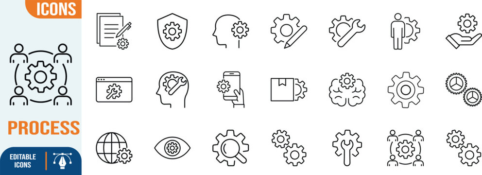 Business configuration process settings icons. gear icon set, wrench icon set, brain icon set