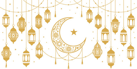Beautiful golden hanging Arabian lanterns and ornate crescent moon with star for ramadan kareem and eid mubarak festive holiday celebration greeting card design. © VectaNoor