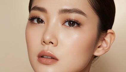 Fototapeta premium Detailed shot of a young woman with natural makeup, including foundation, false eyelashes, and tinted brows.