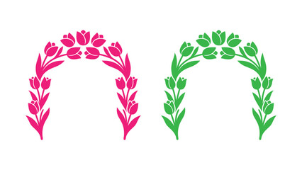Tulip flower arch vector illustration in pink and green colors with symmetrical floral wreath design for wedding invitations and spring greeting cards © Sahabat