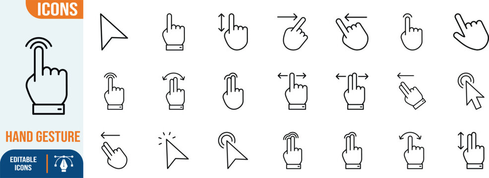 Digital hand gestures user interface icons. hand icon set, cursor icon set, finger icon set