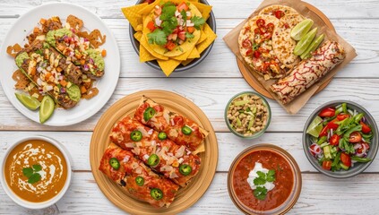 Obraz premium Top-down view of a Mexican meal on a light wooden surface, featuring tacos, burritos, nachos, enchiladas, tortilla soup, and salad.