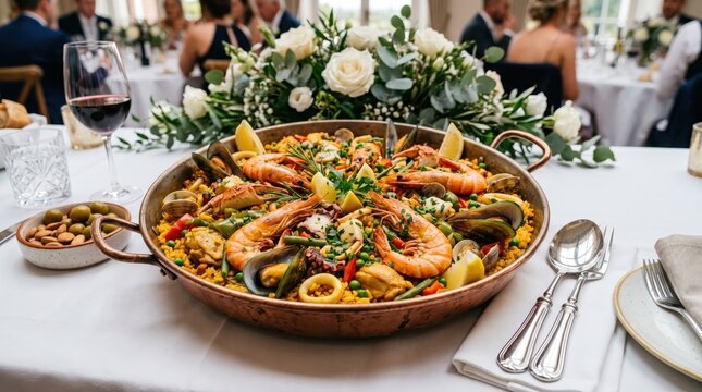Paella. Spanish rice dish with seafood, vegetables, and chicken. Includes shrimp, octopus, crab, and mussels. Festive banquet food. Fine dining menu. Light backdrop.