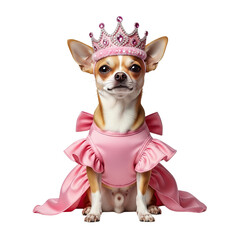 Fototapeta premium Adorable Chihuahua dog species in a charming pink princess dress and sparkling crown, showcasing a delightful example of small companion breeds on a clean white background