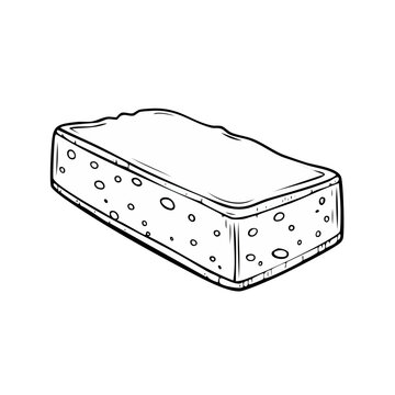 Hand drawn illustration of a rectangular sponge with a textured surface and porous sides isolated on a white background