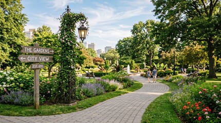 Obraz premium paved path in urban park area with road sign and lantern amid greenery