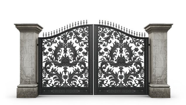 Patterned wrought iron gates. Set against a white backdrop.