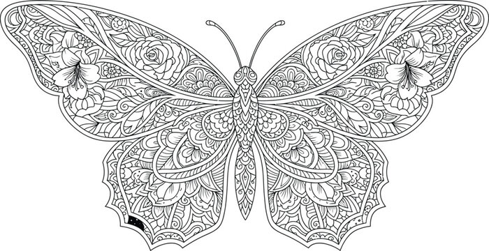 Intricate floral butterfly mandala vector illustration with decorative ornamental wings and detailed black outline pattern designIntricate floral butterfly mandala vector illustration with decorative 