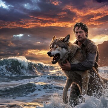 Man embracing a wolf in ocean waves at sunset holding