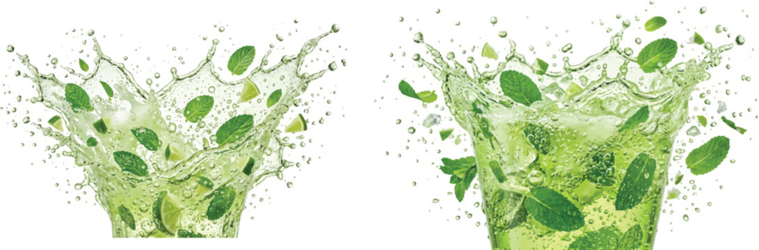 Fresh mint leaves splashing into cold water with ice cubes for refreshing drink