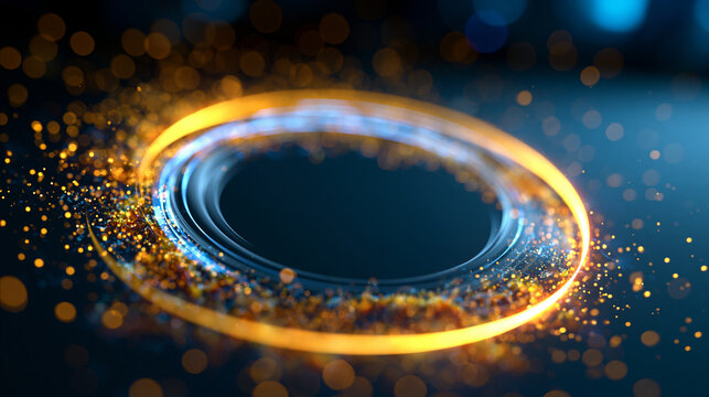 Goldener Lichtring mit funkelnden Partikeln auf tiefblauem Hintergrund als abstraktes elegantes Gestaltungselement.