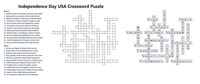 Independence Day USA crossword puzzle with American history clues and answer key