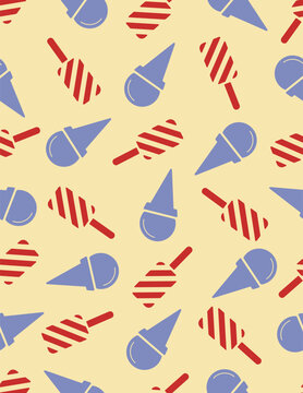 Seamless vector pattern with scattered ice cream cones and striped popsicles in dusty blue and red on a warm cream background.