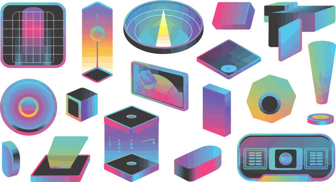 Abstract Vector Illustration Set of Futuristic Geometric Shapes and Sci Fi UI Interface Elements with Neon Holographic Gradient Colors for Cyberpunk Designs