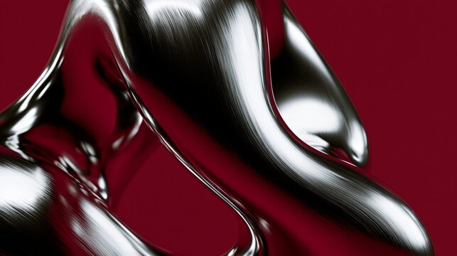 liquid chrome abstract sculpture with cinematic reflections and dark red background