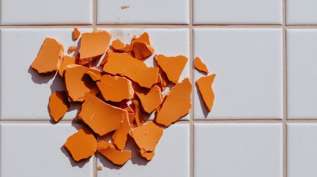 Cracked orange eggshell pieces scattered on a white tiled surface with visible grout lines.