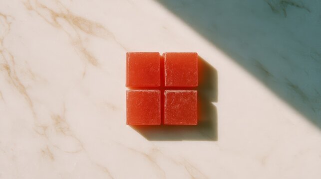 Four red gummy squares arranged in a 2x2 grid on a marble surface with soft natural light casting shadows.