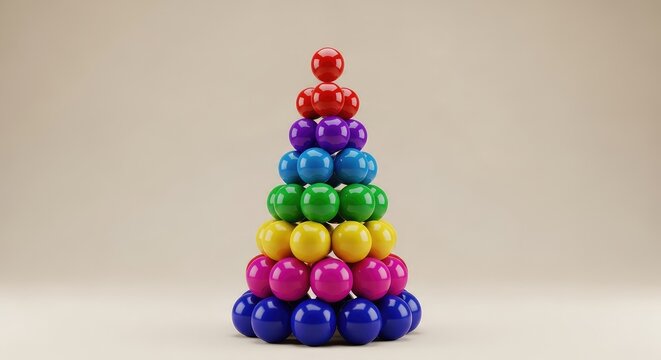A modern minimalist holiday tree composed of vibrant multicolored spheres arranged in a conical shape against a clean beige background, modern, elegant, circle