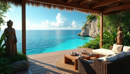 Fototapeta premium Covered deck with ocean view. Balcony has wicker sofa and wooden table with coffee cups. Tropical statues stand near green plants. Cliffside villa offers scenic paradise.