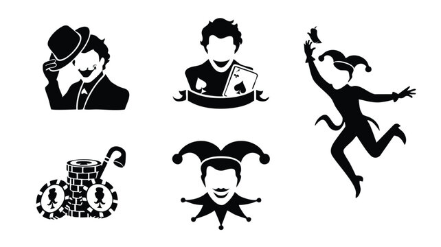 Black and white casino icons with poker chips and jester characters