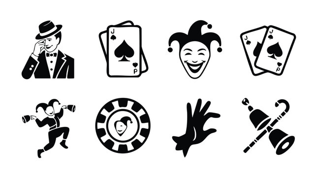 Black and white casino icons set with poker cards and jester