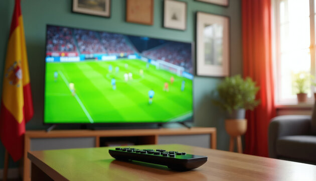 Television screen displays soccer match on green field, players in uniform. Remote control rests on coffee table in living room. Spanish flag hangs on wall. Cozy home setting.