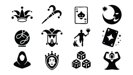 Black and white line art icons of casino and magic symbols © logodesign11