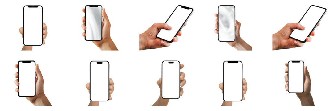 Set collection of phones in hand on transparent background