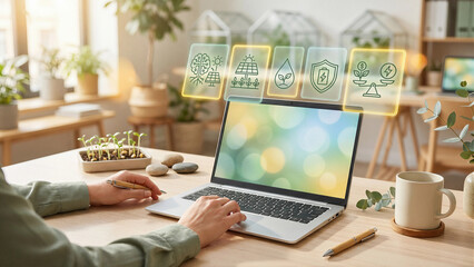 Fototapeta premium Advancing Sustainable Agriculture and Clean Energy Solutions with AI Green Tech Laptop Concept Glass Cards Icons Solar Brain Plant Water Leaf Shield Battery Scale Coins Natural