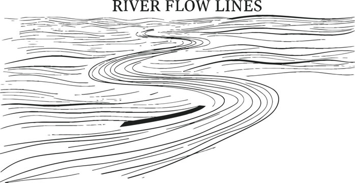 Minimalist river flow lines illustration showing water movement patterns for hydraulic engineering and landscape design site analysis graphic vector art