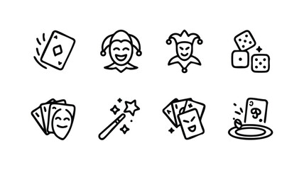 Black and white line art icons of casino and magic symbols © logodesign11