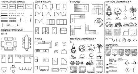 Architectural floor plan icons set including furniture residential layouts stairs electrical and plumbing symbols with construction hatch fills and material tags © RANGER BYTE