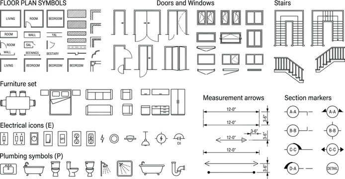 Detailed floor plan symbols for furniture doors windows stairs electrical icons and plumbing fixtures for architectural technical drawing and interior design