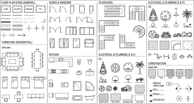 Architectural floor plan icons set including furniture residential layouts stairs electrical and plumbing symbols with construction hatch fills and material tags