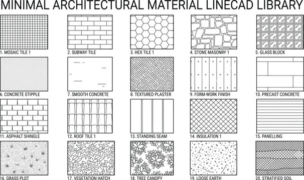 Minimalist architectural material linecad library with twenty distinct texture patterns including tiles concrete plaster roofing and vegetation for professional drafting projects