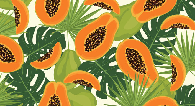 Vibrant seamless pattern features tropical monstera and palm leaves interspersed with juicy sliced papayas for an exotic island vibe.